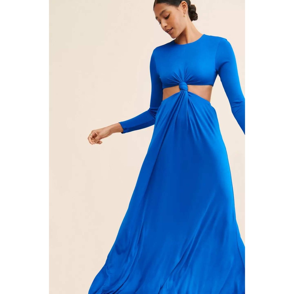 Farm Rio Royal Blue Cut-Out Knot Front Long Sleeve Maxi Dress Gown Small NWT - Picture 2 of 15